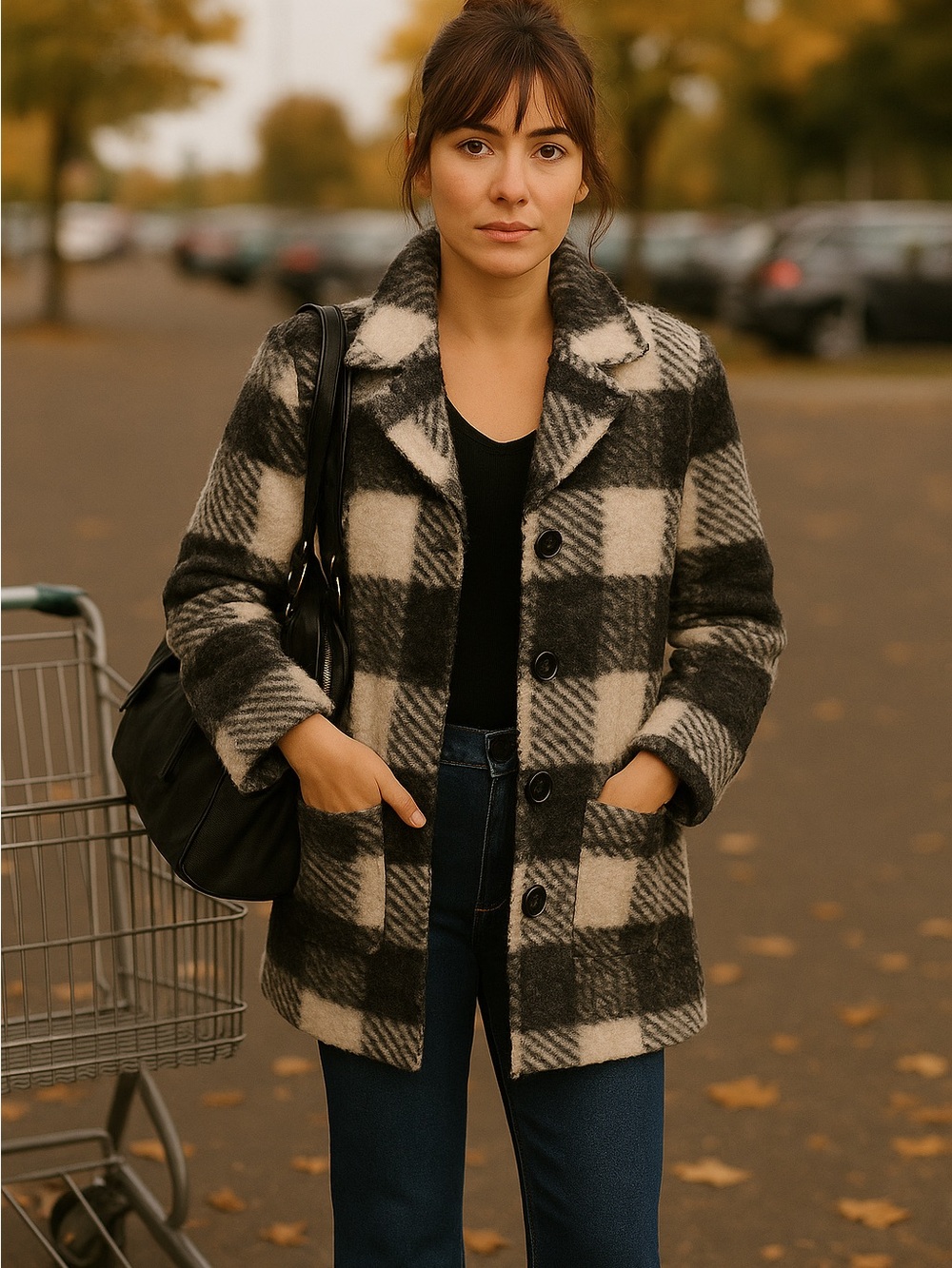 NWT Black and Cream Plaid Boucle Wool-Blend Peacoat